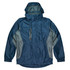 A navy blue and grey men's jacket with a hood, featuring a zippered front pocket and a logo.