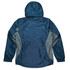A navy blue jacket with grey side panels and a hood, featuring a lightweight design.