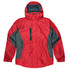 A red and grey jacket featuring a hood, zippered pocket, and adjustable cuffs, with a logo present.