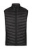 A black insulated work vest with a quilted design and zippered pockets. It features a high collar and a branding logo.