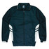 A navy blue tracktop with white side stripes, featuring a front zip and collar. The top also has a logo.