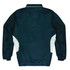 Navy blue kids' tracktop with white side panels and a collar, featuring a logo on the back.