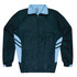 A dark green tracktop with light blue accents and stripes, featuring a zip front and a collar.