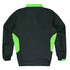 A children's tracktop in black with bright green accents, featuring a collar and long sleeves. It has a branding logo.
