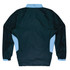 A dark green and light blue tracktop featuring a collar and long sleeves, with a logo on the back.