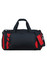 A black and red duffle bag with multiple compartments and a shoulder strap, featuring a logo.