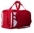 A red duffle bag with white accents, featuring a mesh pocket and sturdy handles. It has a branding logo.