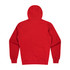 A red hoodie featuring a back view with a hood and long sleeves. It has a logo on the back.