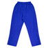 Blue children's trackpants with an elastic waistband and side pockets, featuring a logo.