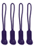 Four purple zip puller accessories with a looped design and a logo.