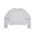 A grey cropped jumper with long sleeves and a ribbed hem, featuring a logo on the back.