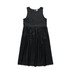 A black linen dress featuring a sleeveless design and gathered skirt. The dress has a simple, elegant silhouette.