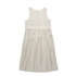 A linen dress in a soft cream colour, featuring a sleeveless design and gathered skirt. It has a back zipper.