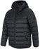 A black urban hooded puffer jacket with a zip front and a logo on the chest.