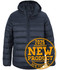 A black hooded puffer jacket with a zip front and a logo on the chest.