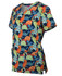 A scrub top featuring a vibrant dinosaur print in green, orange, and blue hues with a pocket. It has a logo.