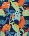 A printed scrub top featuring a colourful dinosaur pattern in shades of blue, orange, green, and yellow.