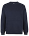 A navy blue crew neck fleece jumper with a front pocket and a sleeve pocket. It features a logo on the sleeve.