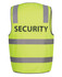 A safety vest in lime green with reflective stripes and a branding logo, labelled 'SECURITY' on the back.