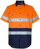 An orange and navy short-sleeve work shirt with reflective stripes and a logo.