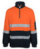 A bright orange and navy fleece jumper featuring a half-zip design and reflective stripes. It includes a logo on the sleeve.
