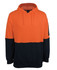 An orange and navy hoodie with a front pocket and a hood, featuring a sleeve pocket and logo.