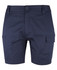 A pair of navy multi-pocket stretch twill shorts featuring side cargo pockets and a button closure.