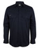 A navy long-sleeve work shirt featuring two chest pockets and a logo. Ideal for workwear use.