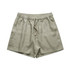 Linen dress shorts in a light green shade with an elastic waistband and drawstring. Features branding.