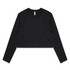 A black long-sleeve cropped t-shirt featuring a round neckline and simple design, with a logo present.