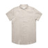 A short-sleeved, button-up linen shirt in a light beige colour, featuring a chest pocket and a collar.
