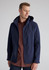 A navy rain jacket featuring a hood, zip-up front, and a zippered pocket on the sleeve. It has a logo.