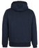 A navy blue full zip hoodie with a hood and textured lining, featuring a simple design and ribbed hem.