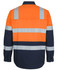 High-visibility long sleeve shirt in orange and navy, featuring reflective stripes and a branding logo.