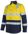 A long-sleeve safety shirt in high-visibility yellow and navy, featuring reflective stripes and two chest pockets.