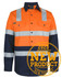 Long-sleeved safety shirt in orange and navy, featuring reflective stripes and a logo on the chest.