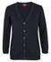 A navy cardigan with a v-neck, button-up front, and pockets, featuring a logo on the tag.