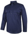 A navy long-sleeve work shirt with a close front, featuring two chest pockets and a logo.