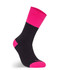 A black work sock with a pink cuff, featuring a branding logo.