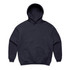A navy blue hoodie with a front pocket and a drawstring hood. It has a logo present.