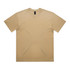 A beige t-shirt with short sleeves and a solid design, featuring a logo on the neckline.