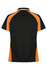 A black polo shirt with orange accents and a logo, featuring a sporty design and short sleeves.