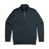A navy blue half-zip jumper featuring a high collar and ribbed cuffs. It has a simple design with a logo.