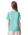 A mint green youth t-shirt featuring short sleeves and a simple design, shown from the back. It has a logo.