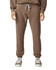 Brown lightweight sweatpants with a drawstring waist, featuring a logo, paired with casual shoes.