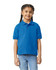 A blue Gildan youth polo shirt with a collar and short sleeves, featuring a logo.