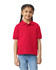 A red polo shirt for youth with short sleeves and a collar, featuring a logo.