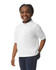 A white Gildan youth polo shirt, featuring a classic polo collar and short sleeves. The shirt has a logo on it.