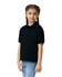 A black Gildan youth polo shirt displayed on a girl, featuring a collar and short sleeves.