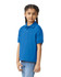 A youth polo shirt in bright blue, featuring a collar and short sleeves, with a logo on the chest.